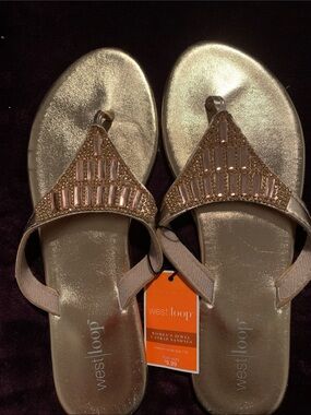 west loop Metallic Gold Jeweled T-Strap Sandals
